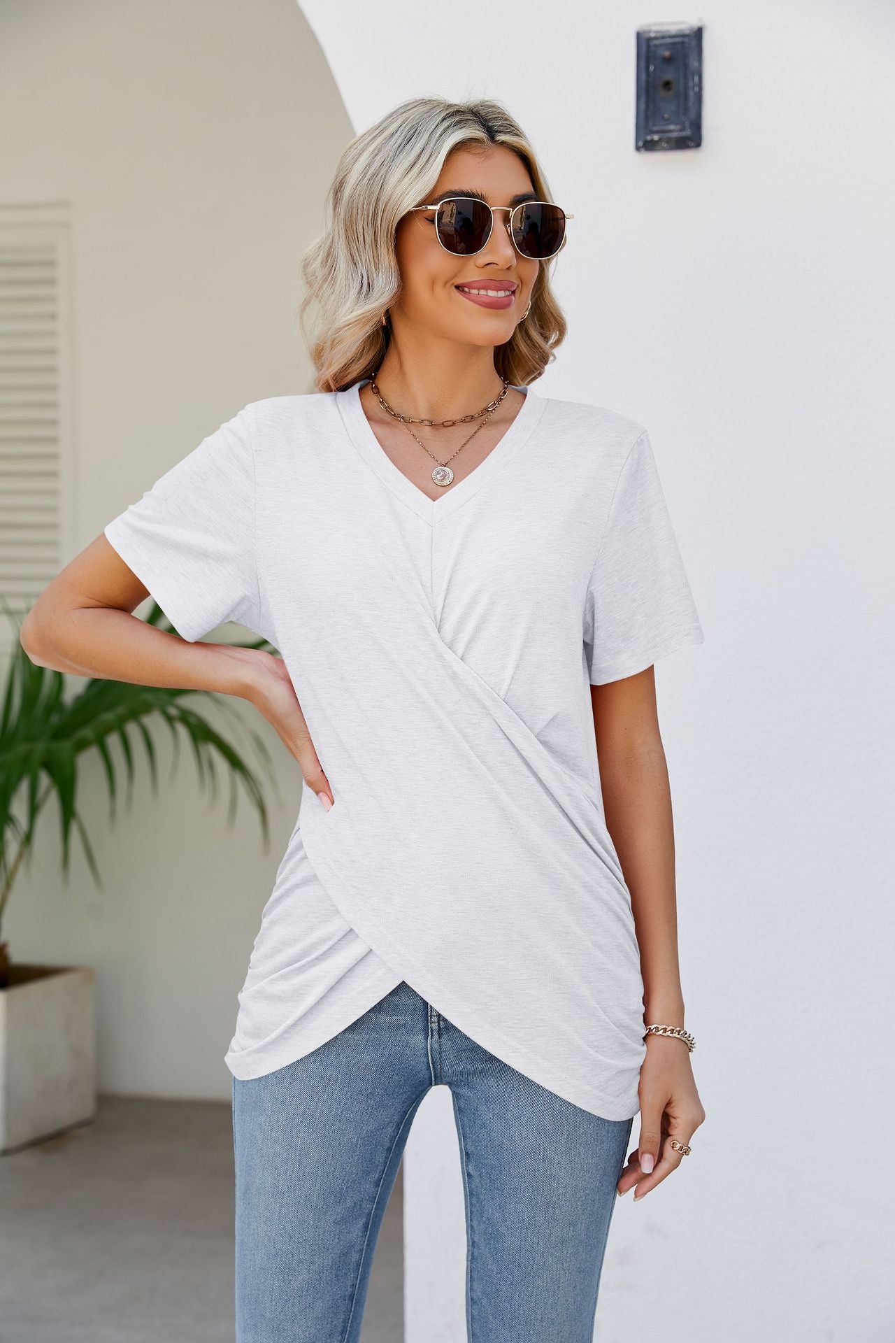 V-Neck Crisscross Short Sleeve Tee - Flyclothing LLC