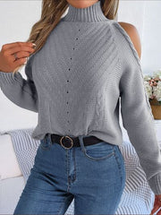 Cable-Knit Turtleneck Cold Shoulder Sweater - Flyclothing LLC