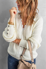 Lace Trim V-Neck Button Cuff Rib-Knit Sweater - Flyclothing LLC