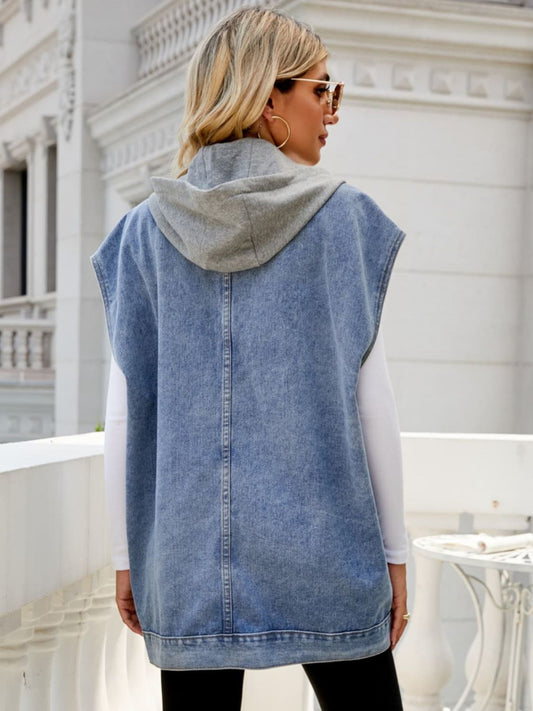 Hooded Sleeveless Denim Top with Pockets - Flyclothing LLC