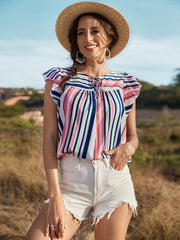 Striped Flutter Sleeve Tied Blouse - Flyclothing LLC