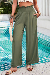 Smocked Wide Leg Pants with Pockets - Flyclothing LLC