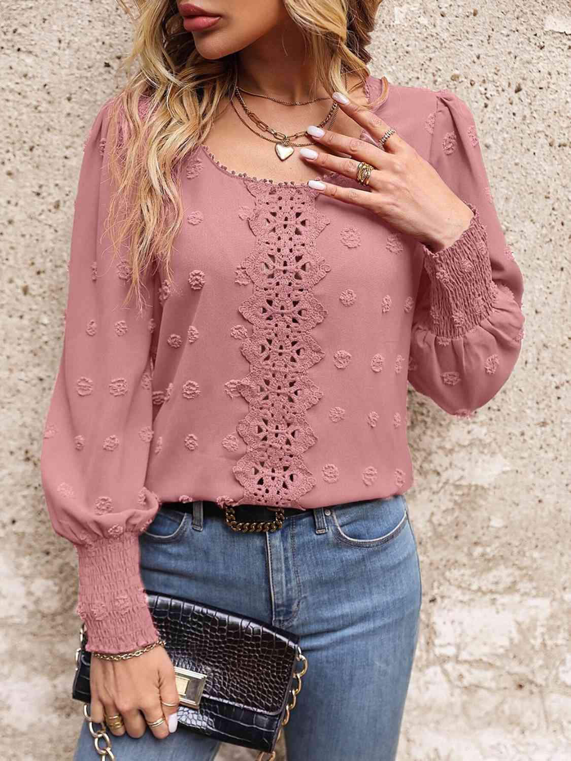 Swiss Dot Lace Detail Blouse - Flyclothing LLC