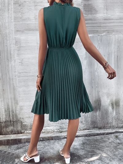 Pleated Frill Mock Neck Sleeveless Dress - Flyclothing LLC