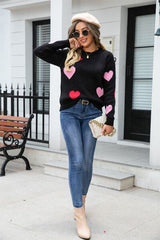 Heart Round Neck Droppped Shoulder Sweater - Flyclothing LLC