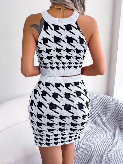 Houndstooth Sleeveless Top and Skirt Sweater Set - Flyclothing LLC