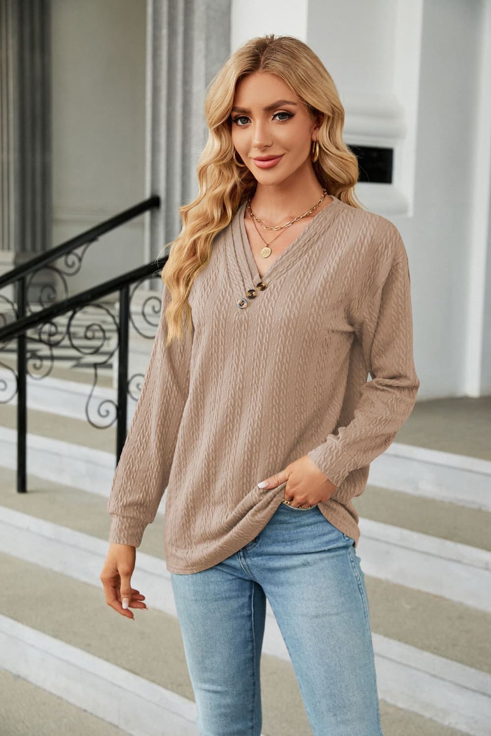 Decorative Button V-Neck Long Sleeve T-Shirt - Flyclothing LLC