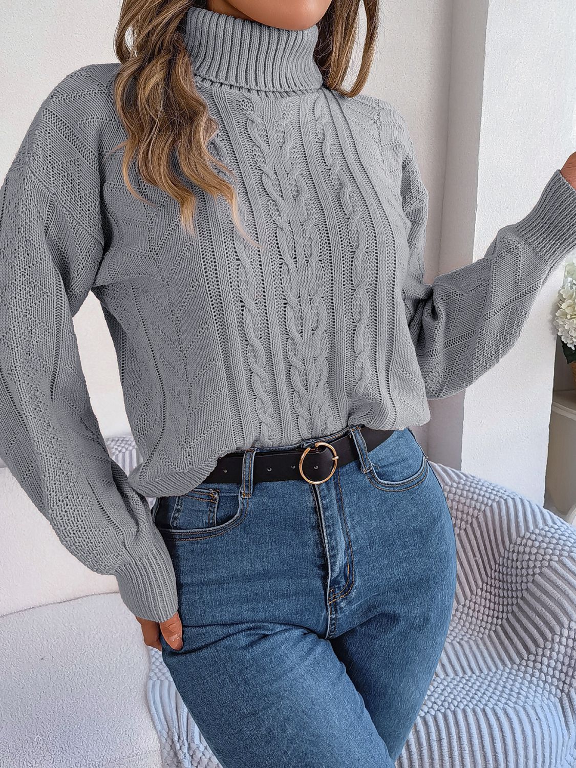 Cable-Knit Turtleneck Sweater - Flyclothing LLC