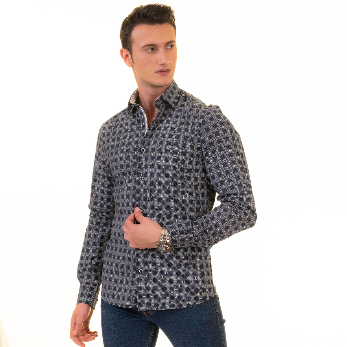 Gravity Homme Men's Long Sleeve Button Down / Shagreen Noir C14 - Flyclothing LLC