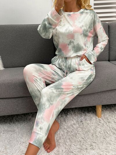 Tie-Dye Round Neck Top and Drawstring Pants Lounge Set - Flyclothing LLC