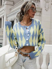 Argyle Button Front Drop Shoulder Cardigan - Flyclothing LLC