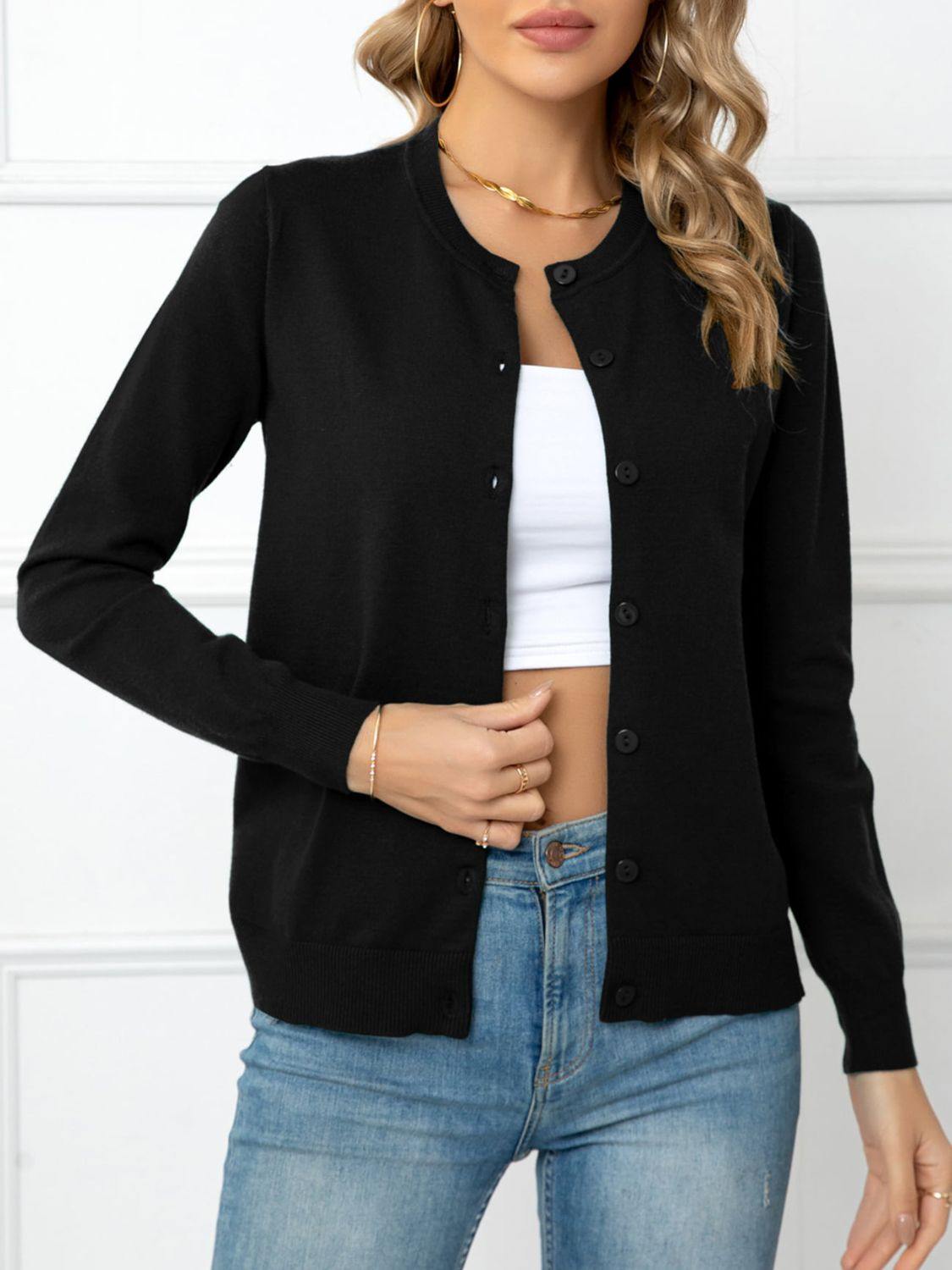 Button Down Round Neck Cardigan - Flyclothing LLC