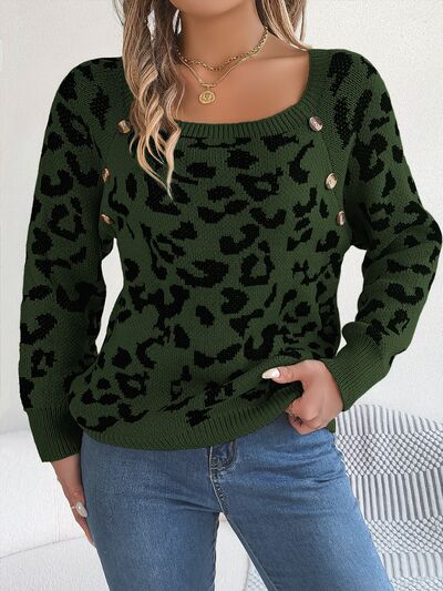 Leopard Buttoned Square Neck Sweater - Flyclothing LLC