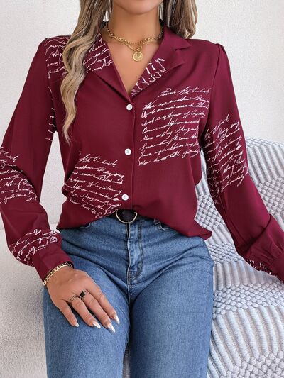 Letter Printed Button Up Long Sleeve Blouse - Flyclothing LLC