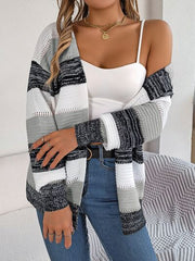 Openwork Striped Open Front Cardigan - Flyclothing LLC