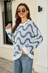 Wave Stripe Ribbed Trim Tunic Sweater - Flyclothing LLC