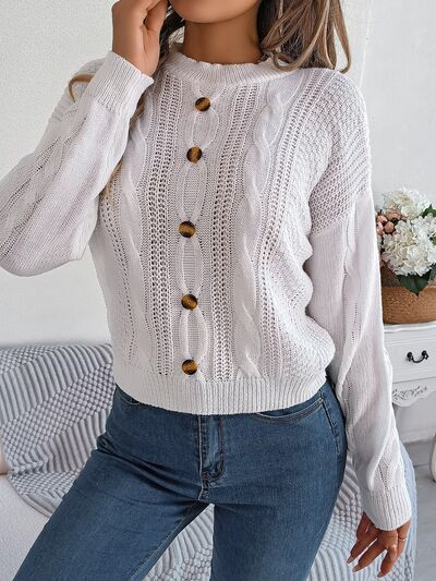 Cable-Knit Buttoned Round Neck Sweater - Flyclothing LLC