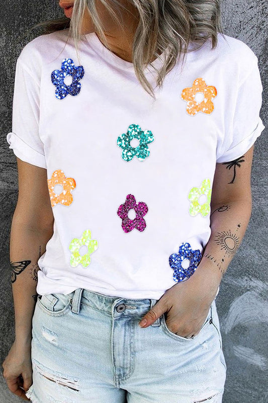 Sequin Flower Round Neck Short Sleeve T-Shirt - Flyclothing LLC