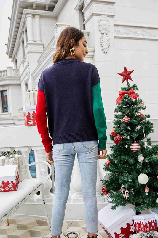 Christmas Color Block Knit Pullover - Trendsi