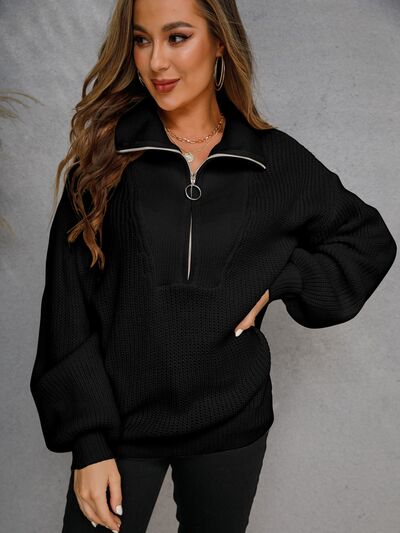 Half Zip Dropped Shoulder Sweater - Flyclothing LLC