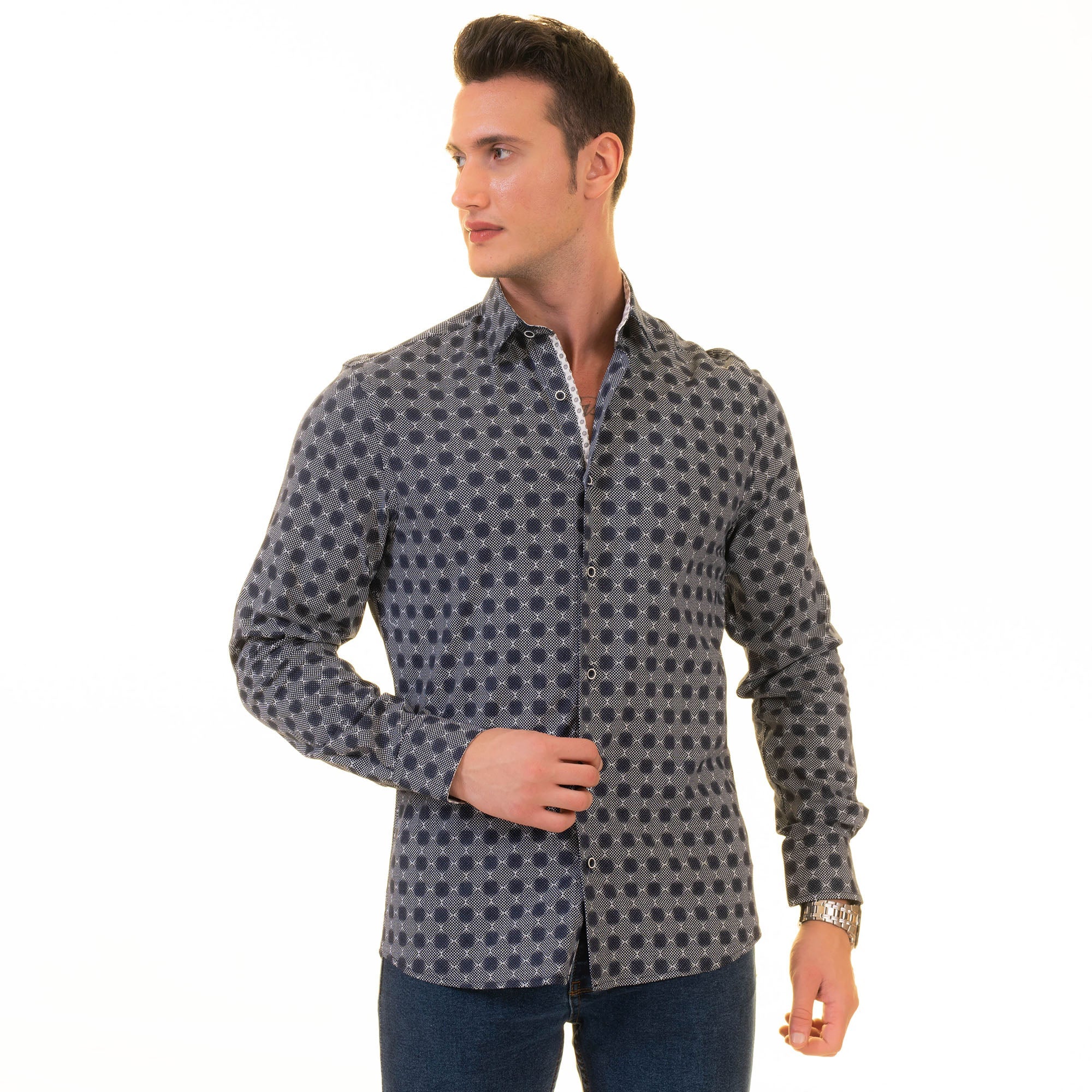 Gravity Homme Men's Long Sleeve Button Down / Shagreen Noir C14 - Flyclothing LLC