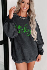 LUCKY Round Neck Dropped Shoulder Sweatshirt - Trendsi