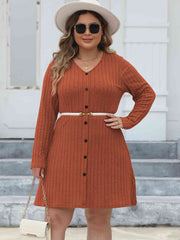 Plus Size Ribbed Buttoned V-Neck Long Sleeve Dress - Flyclothing LLC