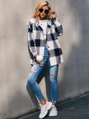 Plaid Dropped Shoulder Hooded Jacket - Trendsi