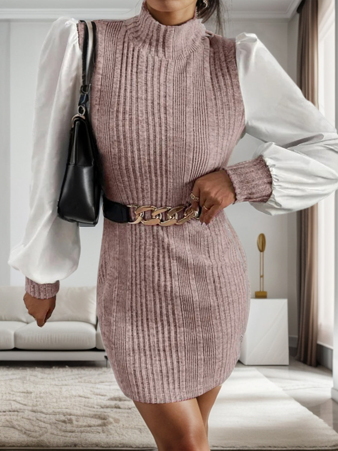 Ribbed Contrast Long Sleeve Sweater Dress - Flyclothing LLC