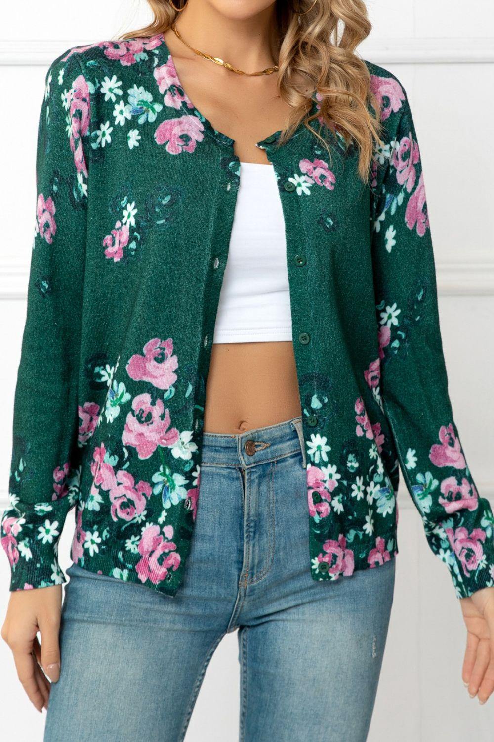 Floral Button Front Round Neck Cardigan - Flyclothing LLC