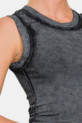 Zenana Washed Ribbed Round Neck Slim Tank - Flyclothing LLC