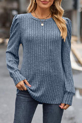 Ribbed Round Neck Long Sleeve Knit Top - Trendsi