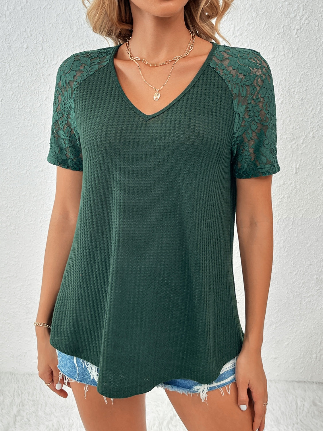 Lace Detail V-Neck Short Sleeve T-Shirt - Flyclothing LLC