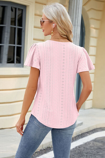 Eyelet Square Neck Short Sleeve T-Shirt - Flyclothing LLC