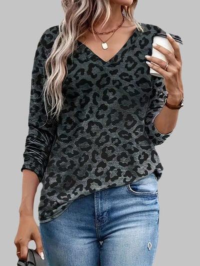 Leopard V-Neck Long Sleeve T-Shirt - Trendsi