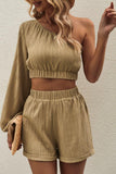 One-Shoulder Balloon Sleeve Crop Top and Shorts Set - Flyclothing LLC