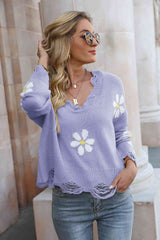 Flower Distressed Long Sleeve Sweater - Flyclothing LLC