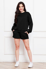 Round Neck Long Sleeve Sweatshirt and Drawstring Shorts Set - Flyclothing LLC