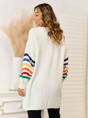 Striped Open Front Dropped Shoulder Cardigan - Flyclothing LLC