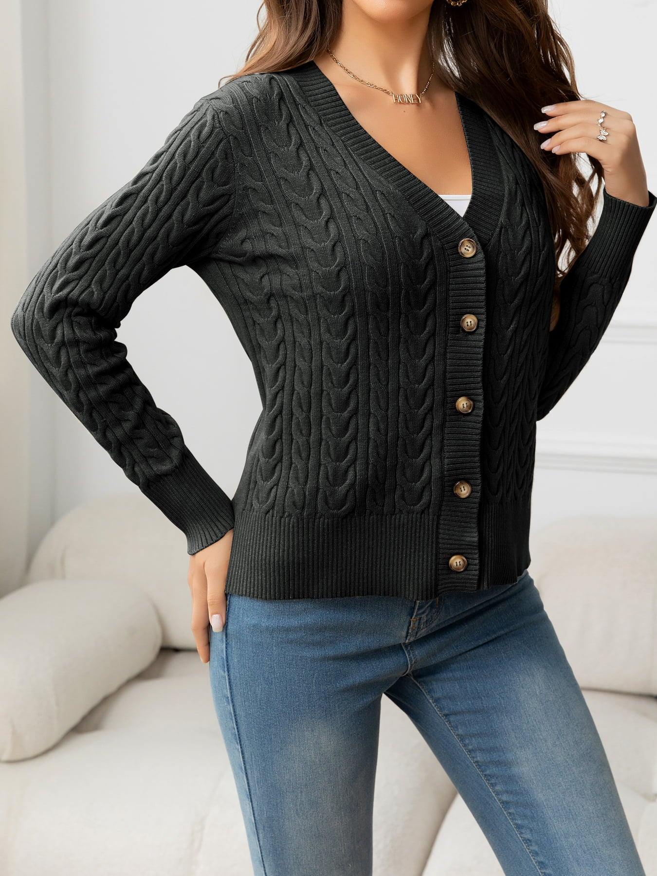 V-Neck Long Sleeve Cable-Knit Buttoned Knit Top - Flyclothing LLC