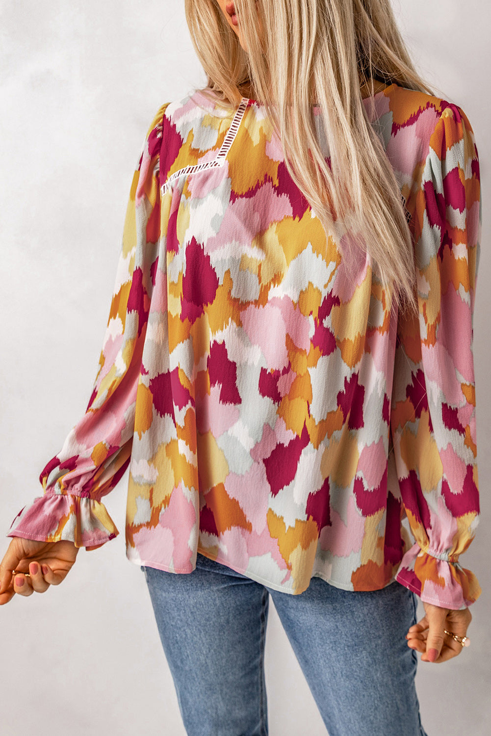 Printed Flounce Sleeve Buttoned Blouse - Flyclothing LLC