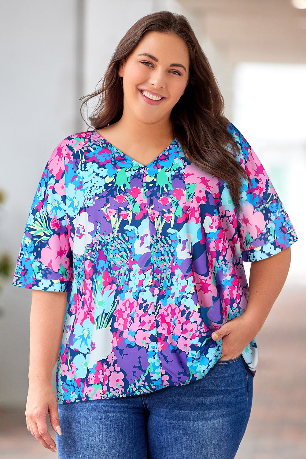 Floral Center Seam V-Neck Blouse - Flyclothing LLC