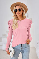 Round Neck Puff Sleeve Blouse - Flyclothing LLC