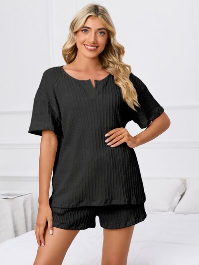 Notched Short Sleeve and Shorts Lounge Set - Flyclothing LLC