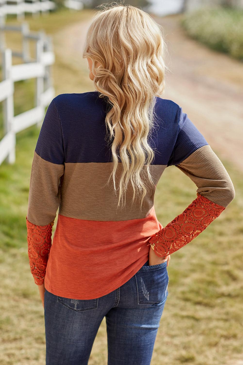 Color Block Spliced Lace Sleeve Ribbed Top - Flyclothing LLC