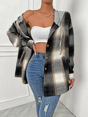 Plaid Drawstring Hooded Jacket