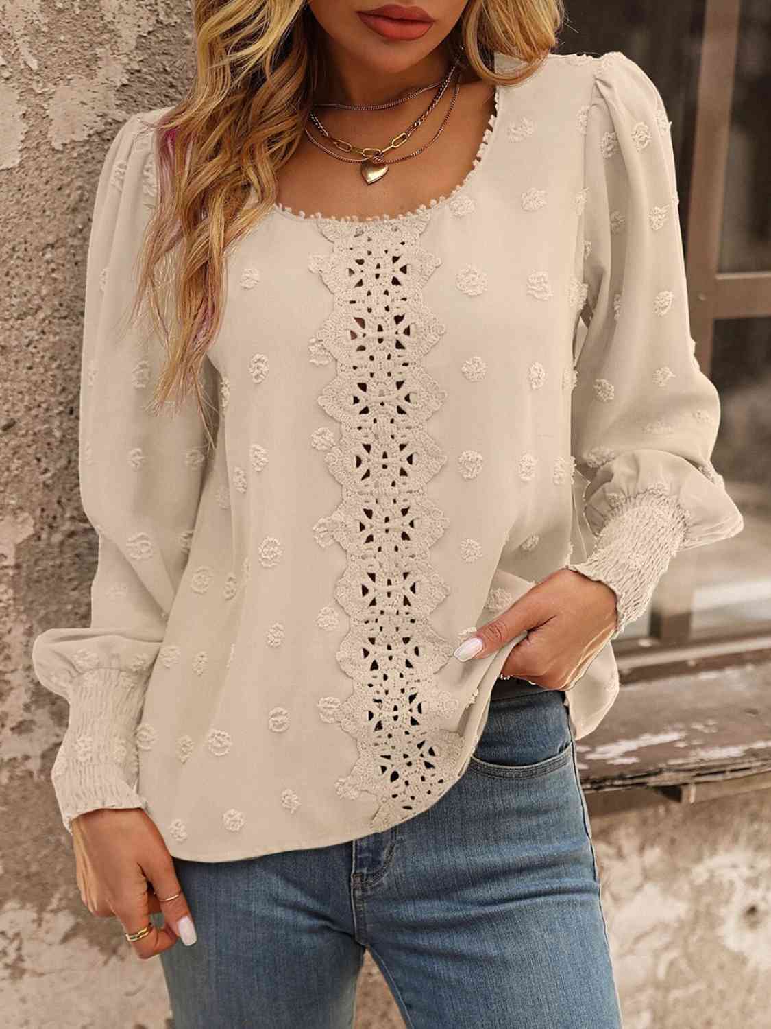 Swiss Dot Lace Detail Blouse - Flyclothing LLC