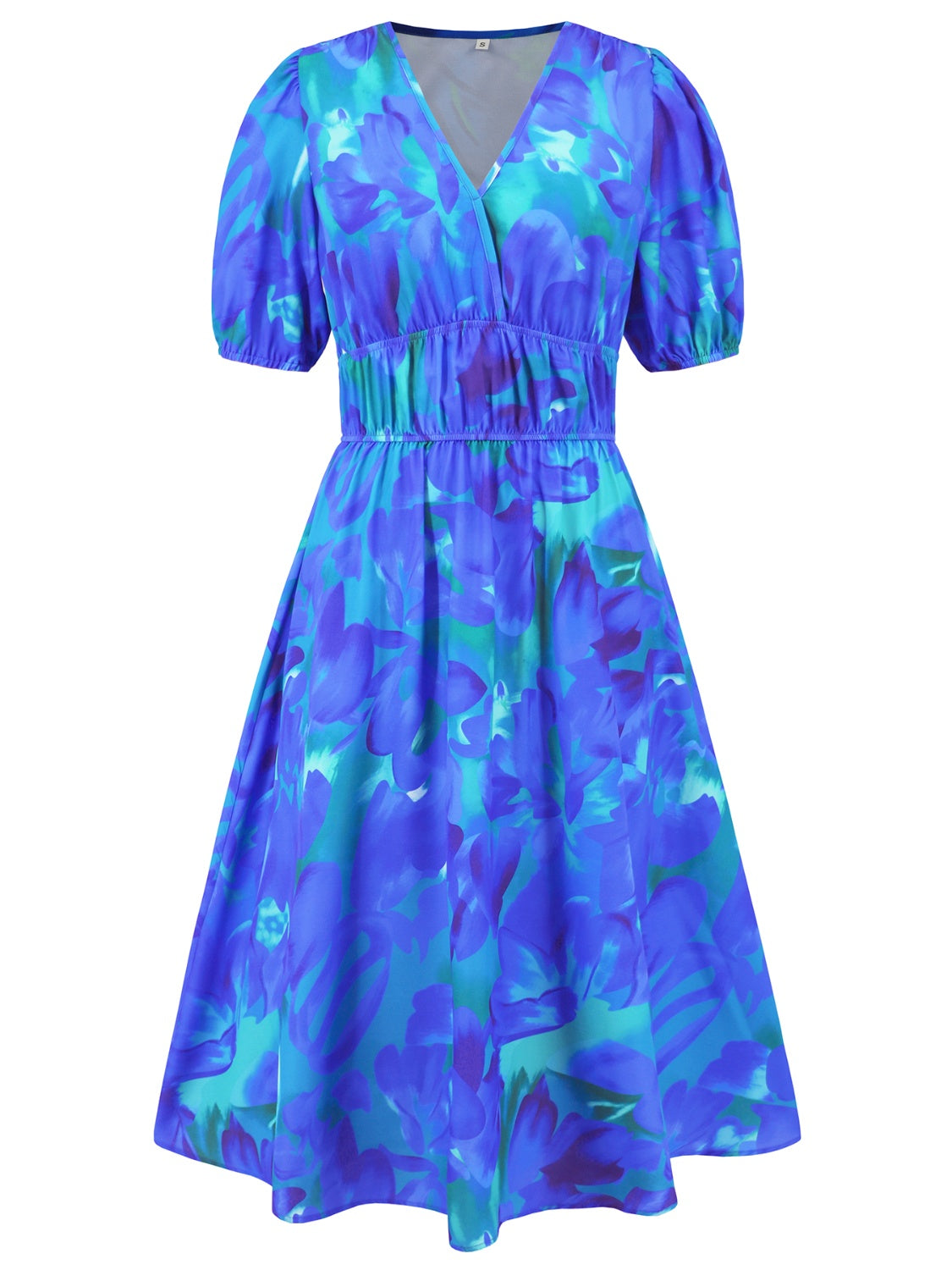 Ruched Printed Surplice Short Sleeve Dress - Flyclothing LLC