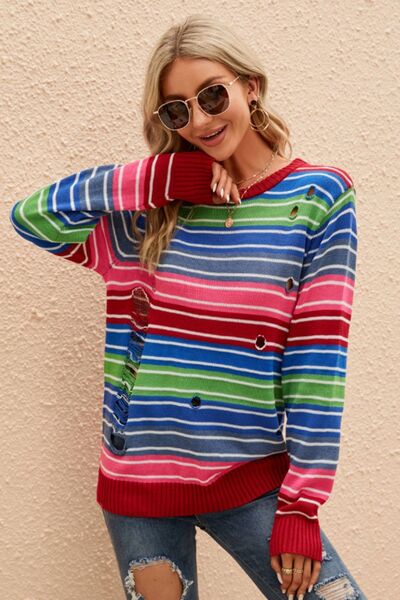 Striped Distressed Cutout Round Neck Sweater - Flyclothing LLC