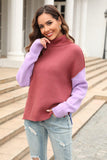 Color Block Turtleneck Slit Sweater - Trendsi